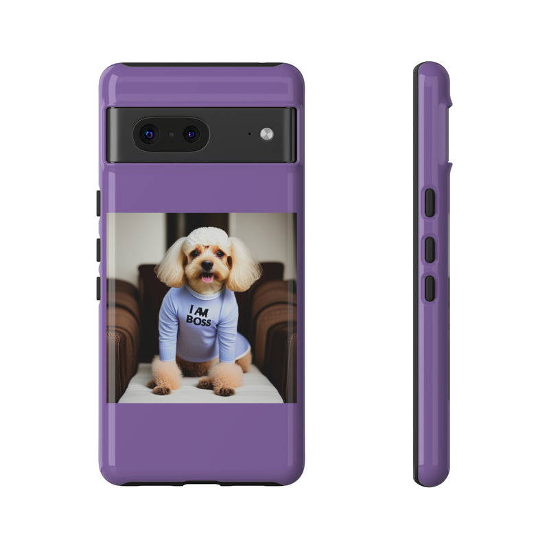 I Am Boss Dog  Purple Tough Cases. All iPhone 15, 14, 13, 12, 11, X, 8 , Google Pixel 7, 6, 5, Samsung Galaxy 23, 22, 21, 20, 10