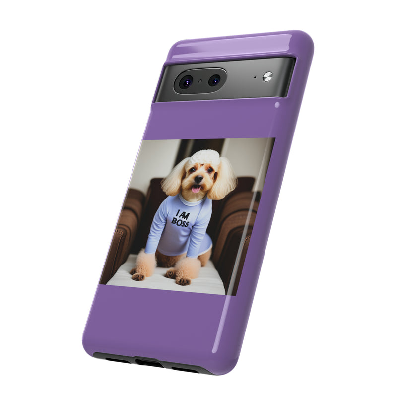 I Am Boss Dog  Purple Tough Cases. All iPhone 15, 14, 13, 12, 11, X, 8 , Google Pixel 7, 6, 5, Samsung Galaxy 23, 22, 21, 20, 10