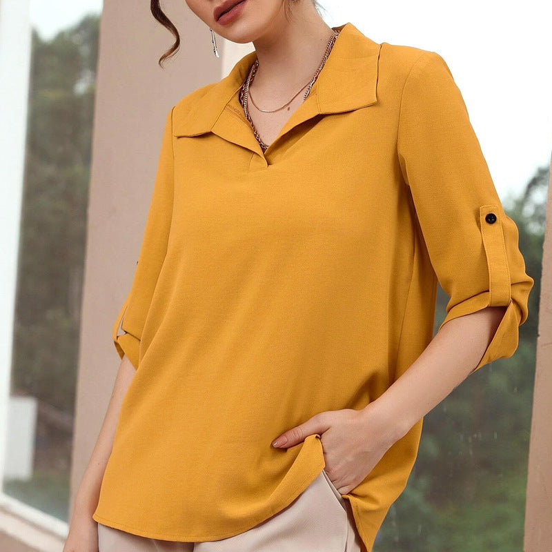 Polo Collar Casual Loose Three-quarter Sleeve Top