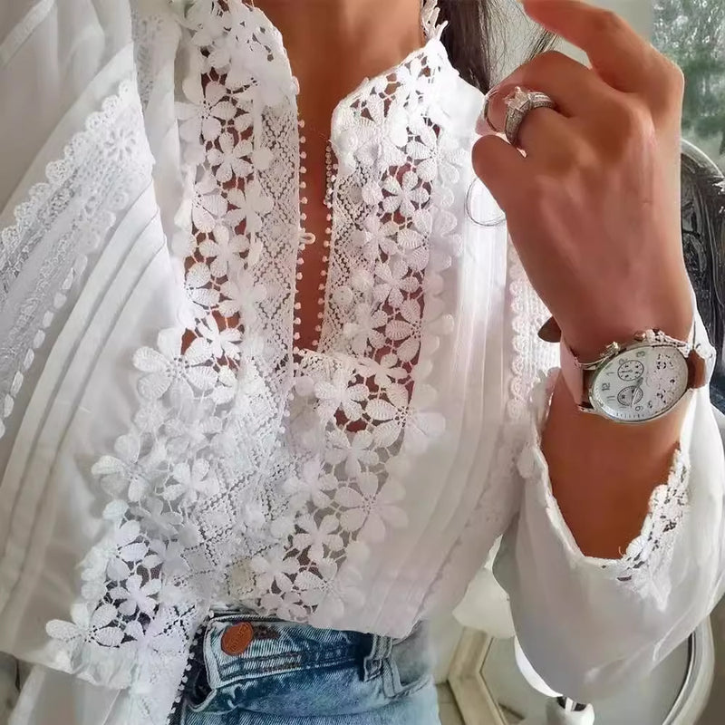 Women's White Lace Floral Long Sleeve Shirt