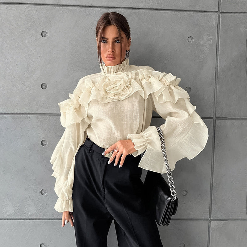 Ruffled Graceful Stand Collar Tencel Shirt