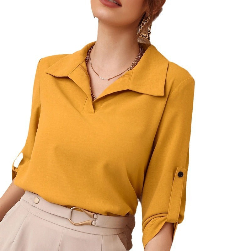 Polo Collar Casual Loose Three-quarter Sleeve Top