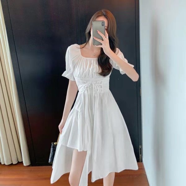 Bubble Sleeve Waist Cinching Irregular Dress