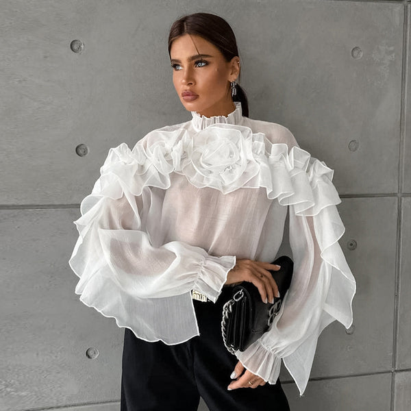 Ruffled Graceful Stand Collar Tencel Shirt